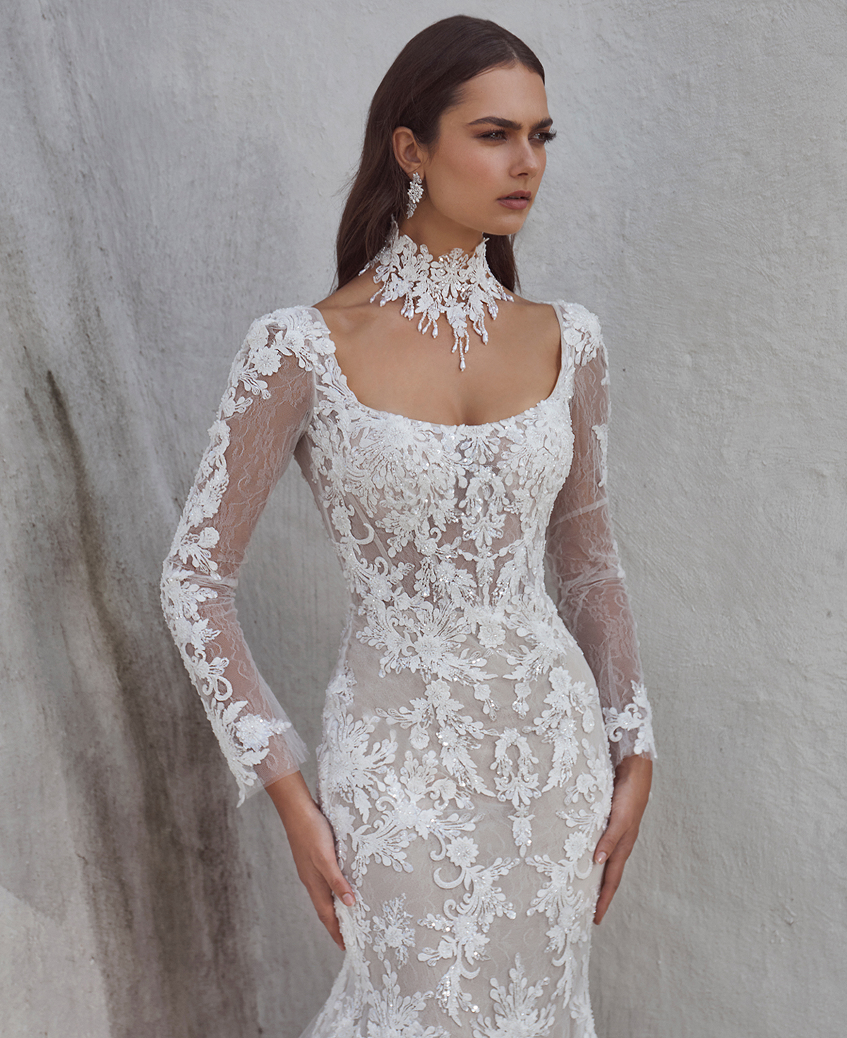 Mermaid Long Sleeve Wedding Dress with Lace and Removable Choker